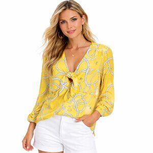 Cabi Nautical Coastal Rope Anchor Print Tie Front Blouse Resort Yellow M NWOT